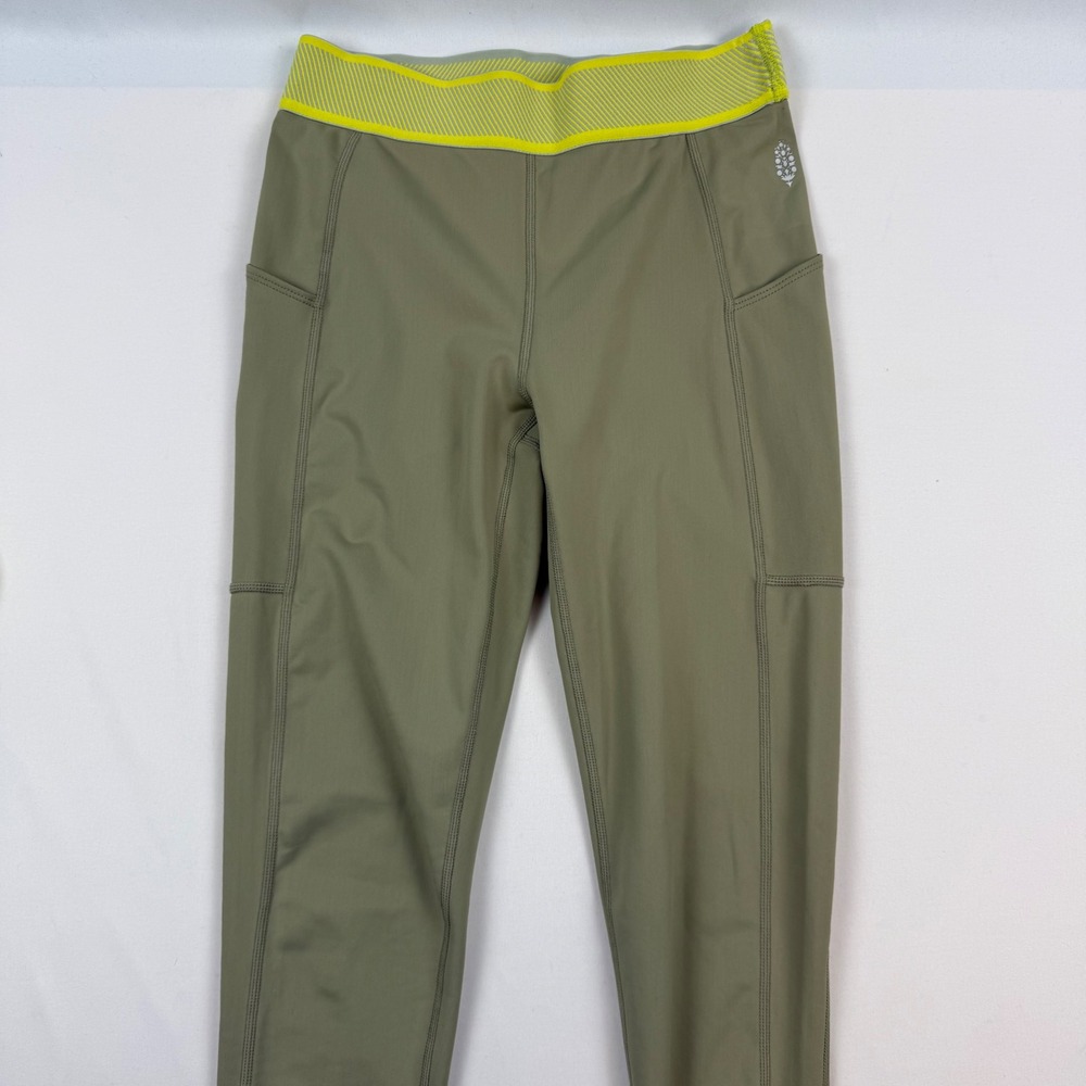 FP Movement‎ Women Olive Green Neon Yellow High Rise Pocket Leggings S OB1170954